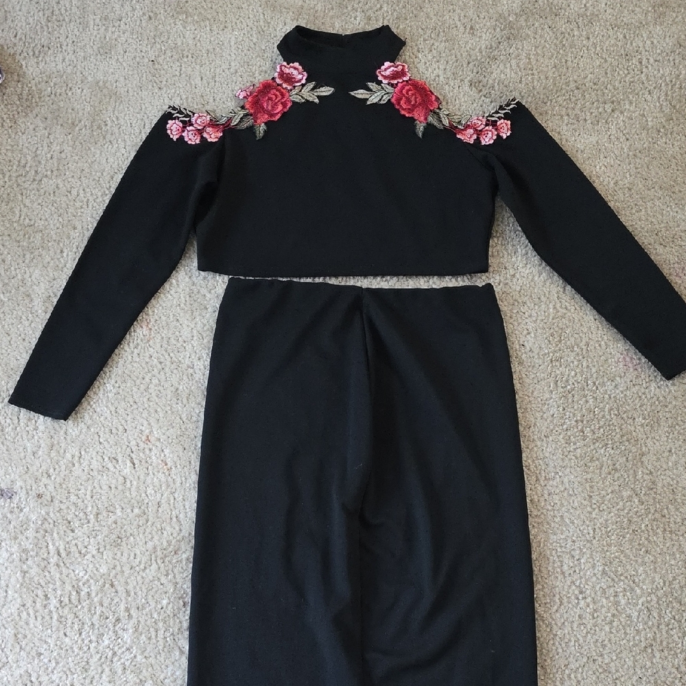 Boohoo Black and Pink Embellished Skirt Set for Prom